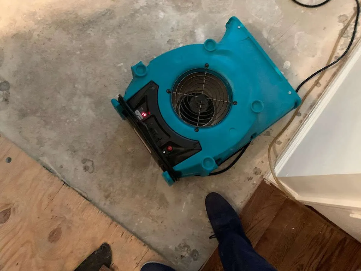 Air mover drying subfloor during Leak Detection & Repair in Social Circle
